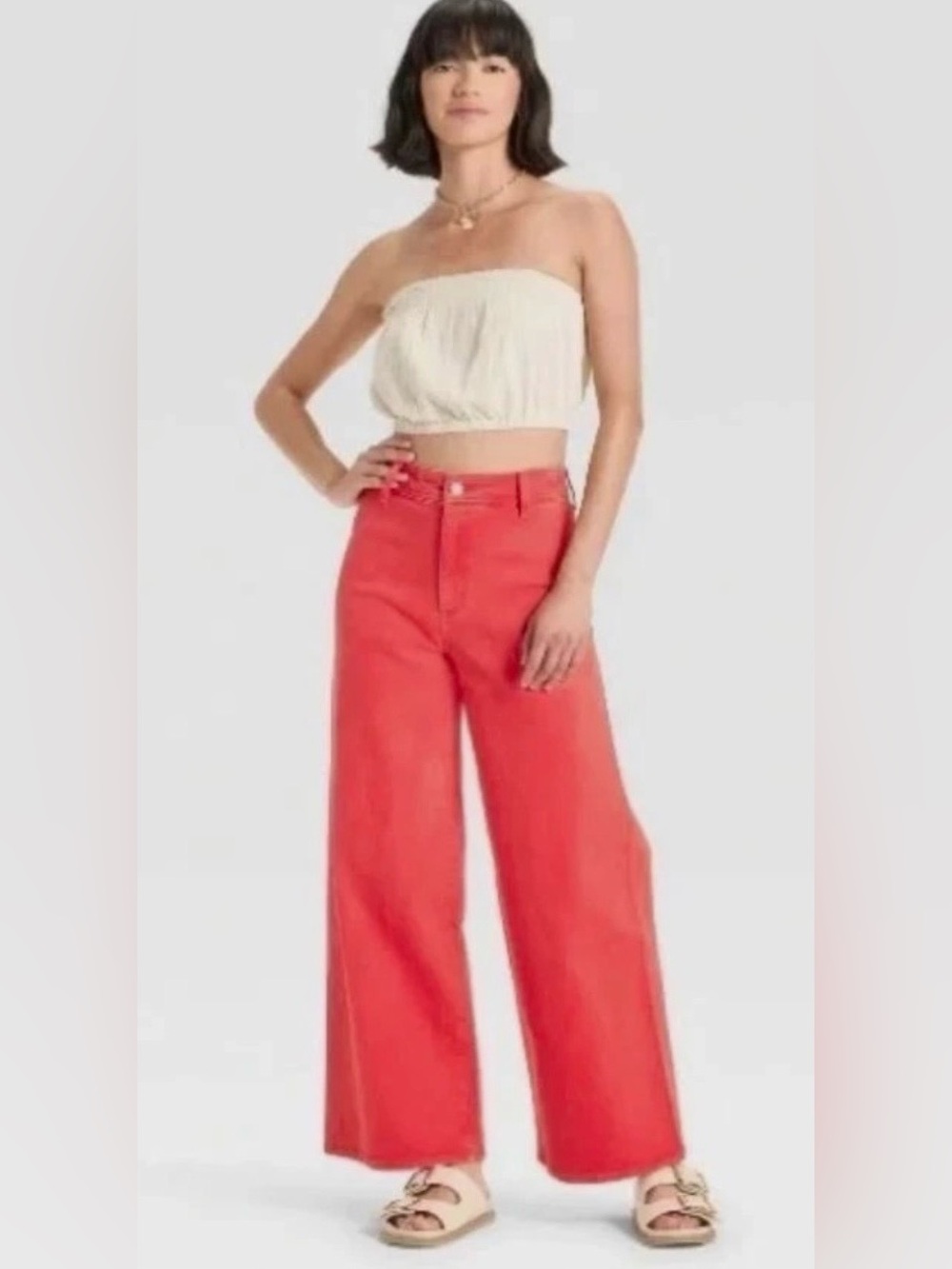High-Rise Sailor Wide Leg Ankle Jeans - Red 4